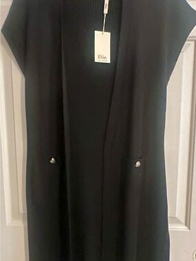 Elie Tahari Black Ribbed Sleeveless Long Cardigan Duster NWT Large